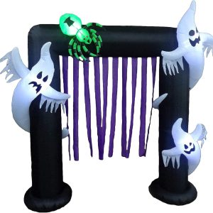 Two Halloween Party Decorations Bundle, Includes 7 Foot Long Inflatable Grim Reaper On Motorcycle, And 8 Foot Tall Inflatable Ghosts Spider Archway Arch Outdoor Indoor Blowup With Lights