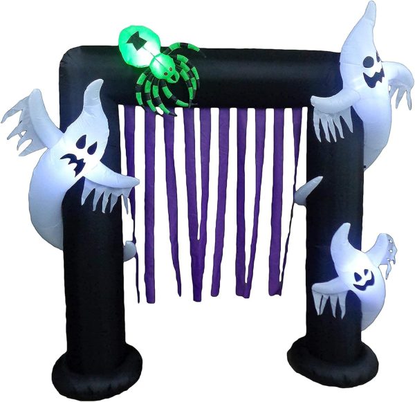 Two Halloween Party Decorations Bundle, Includes 7 Foot Long Inflatable Grim Reaper On Motorcycle, And 8 Foot Tall Inflatable Ghosts Spider Archway Arch Outdoor Indoor Blowup With Lights