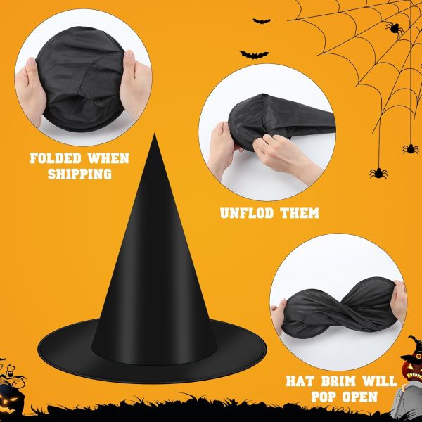 12 Pcs Black Witch Hat With Hanging Rope, 16 Pcs 3D Bats Stickers For Halloween Indoor Outdoor Yard Decor Party Decorations, Wizard Costume For Women Girls Kids