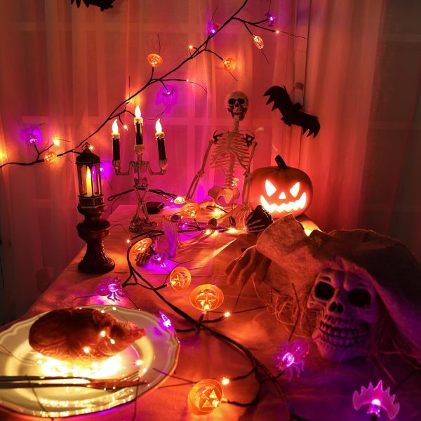 Toodour Halloween Decoration Indoor, 7Ft Orange & Purple Halloween Willow Vine Lights With Spider, Bat, Pumpkin, Waterproof Battery Operated Halloween Lights For Window Table Wall Decor