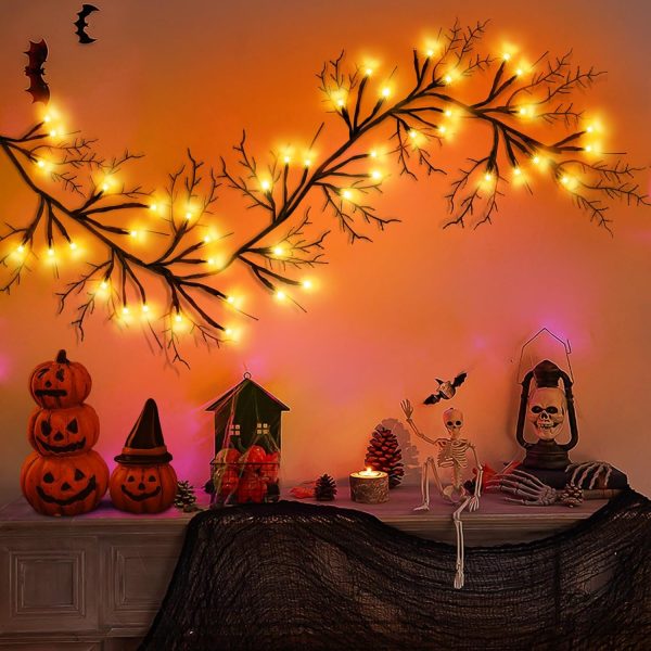 Surcvio 6 Ft 54 Led Halloween Willow Vine Twig Decor Garland With 8 Modes Timer Waterproof Battery Operated Scary Halloween Decorations For Home Wall Mantle Fireplace Decor