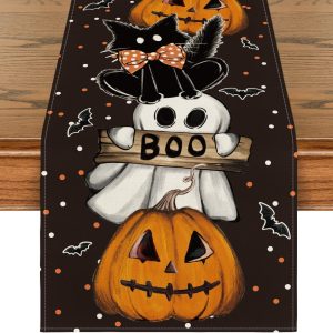 Artoid Mode Polka Dot Ghost Pumpkin Cat Boo Halloween Table Runner, Bat Seasonal Fall Kitchen Dining Table Decoration For Home Party Decor 13X72 Inch