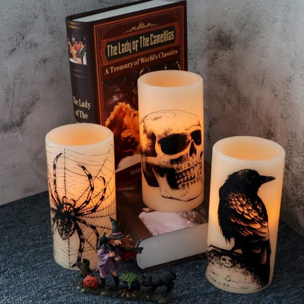 Eldnacele Halloween Flickering Candles With Skull, Spider Web, Crow Raven Decals Set Of 3, Battery Operated Halloween Themed Led Candles Horror Spooky Decoration