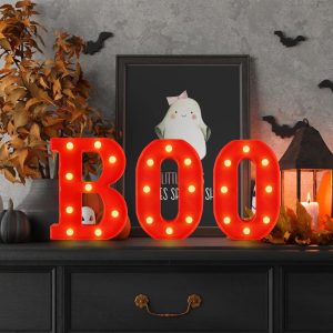 Boo Sign Light Up Halloween Mantel Decor - 8.5 Inch Boo Led Marquee Letters Halloween Decorations Indoor - Battery Operated Halloween Lights For Kitchen Table Bedroom Living Room Home Wall Party Decor