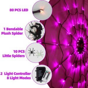 Halloween Lights, Orange Purple Halloween Spider Web Lights Decoration 4 Ft Diameter+80 Led+1 Big Black Spider+10 Small Spiders+8 Lighting Modes, Outdoor Indoor Battery Operated Halloween Lights