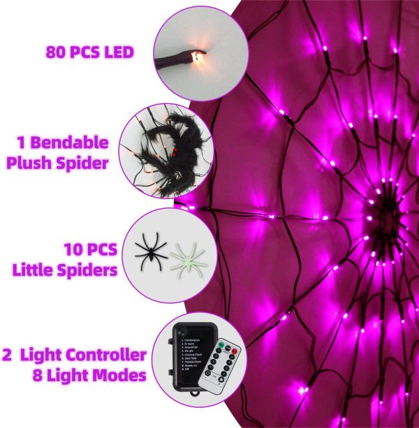 Halloween Lights, Orange Purple Halloween Spider Web Lights Decoration 4 Ft Diameter+80 Led+1 Big Black Spider+10 Small Spiders+8 Lighting Modes, Outdoor Indoor Battery Operated Halloween Lights