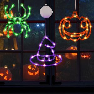 3 Pack Halloween Decorations, Orange Pumpkin Purple Witch Hat Green Spider Halloween Lights Battery Operated, Halloween Window Lights With Suction Cup And Timer Function 2 Modes For Halloween Decor