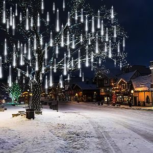 Weepong Christmas Lights Outdoor Ul Certified Meteor Shower Lights 12Inch 8Tubes 192Led Falling Rain Drop Lights Icicle Snow Cascading Xmas Lights For Tree Wedding Party Garden Decoration,White