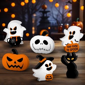 M Amfeov 6Pc Cute Ghost Halloween Decorations Indoor, Wooden Halloween Table Decorations Set Of 6, Black Cat Bat Signs Pumpkin Blocks For Party Home Shelf Display