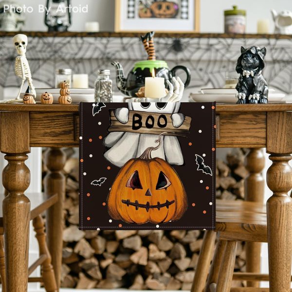 Artoid Mode Polka Dot Ghost Pumpkin Cat Boo Halloween Table Runner, Bat Seasonal Fall Kitchen Dining Table Decoration For Home Party Decor 13X72 Inch