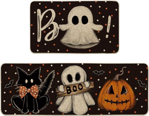 Artoid Mode Bats Black Cats Boo Pumpkin Halloween Kitchen Mats Set Of 2, Home Decor Low-Profile Kitchen Rugs For Floor - 17X29 And 17X47 Inch