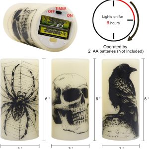 Eldnacele Halloween Flickering Candles With Skull, Spider Web, Crow Raven Decals Set Of 3, Battery Operated Halloween Themed Led Candles Horror Spooky Decoration