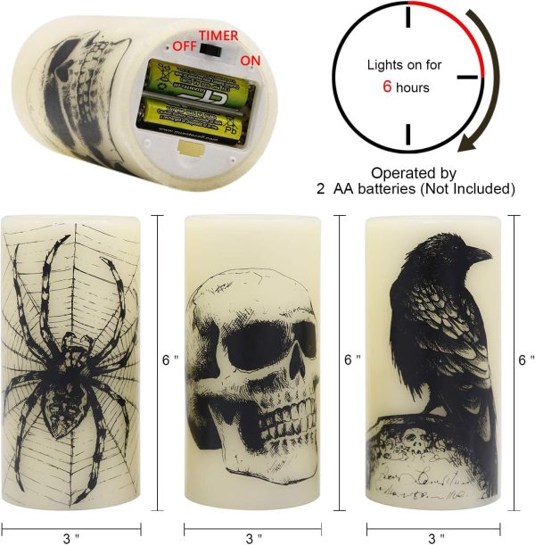 Eldnacele Halloween Flickering Candles With Skull, Spider Web, Crow Raven Decals Set Of 3, Battery Operated Halloween Themed Led Candles Horror Spooky Decoration