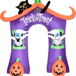 Haunted Hill Farm 9-Ft. Pre-Lit Trick Or Treat Walkway Arch Inflatable Yard Decor With Black Cat, Jack-O-Lantern, And Ghost, Halloween Outdoor Blow-Up, Festive Outdoor Decorations For Patio And Yard