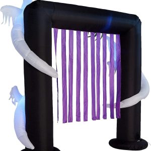 Two Halloween Party Decorations Bundle, Includes 7 Foot Long Inflatable Grim Reaper On Motorcycle, And 8 Foot Tall Inflatable Ghosts Spider Archway Arch Outdoor Indoor Blowup With Lights