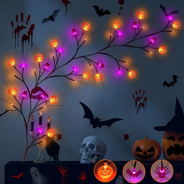 Toodour Halloween Decoration Indoor, 7Ft Orange & Purple Halloween Willow Vine Lights With Spider, Bat, Pumpkin, Waterproof Battery Operated Halloween Lights For Window Table Wall Decor