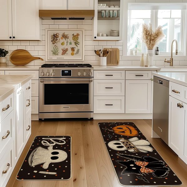 Artoid Mode Bats Black Cats Boo Pumpkin Halloween Kitchen Mats Set Of 2, Home Decor Low-Profile Kitchen Rugs For Floor - 17X29 And 17X47 Inch