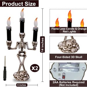 Turnmeon 2 Pack Halloween Candelabra With Led Flameless Candles Holder Battery Operated Flickering Lights Skull Candles For Halloween Decorations Indoor Home Table Party Haunted Mansion Decor (Black)