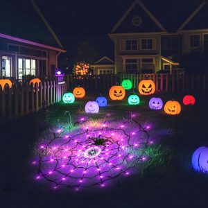 70 Led-5Ft Diameter Halloween Decorations Outdoor Spider Web Halloween Lights With Black Spider, 8Mods,Remote Control,Halloween Decoratives Outdoor And Indoor, Patio, Garden, Party