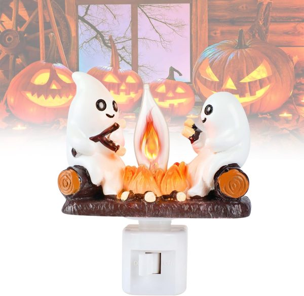 Ghost Campfire Flickering Night Light, Ghosts Campfire Flicker Flame Halloween Nightlight, 3D Led Small Electric Faux Campfire Night Light, Halloween Nightlight Indoor Decorations For Family