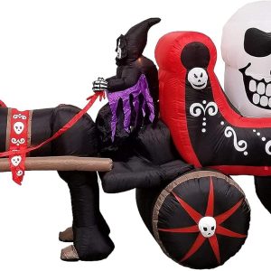 Two Halloween Party Decorations Bundle, Includes 13 Foot Tall Jumbo Huge Inflatable Black Cat Archway, And 12 Foot Long Inflatable Horse Carriage With Skeleton Ghost Skull Blowup With Lights