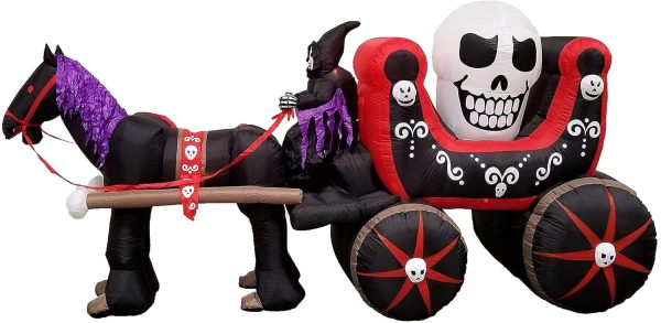 Two Halloween Party Decorations Bundle, Includes 13 Foot Tall Jumbo Huge Inflatable Black Cat Archway, And 12 Foot Long Inflatable Horse Carriage With Skeleton Ghost Skull Blowup With Lights