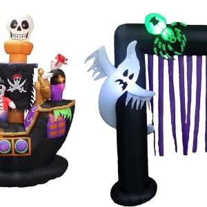 Two Halloween Party Decorations Bundle, Includes 7 Foot Halloween Inflatable Skeletons Ghosts On Pirate , And 8 Foot Tall Halloween Inflatable Ghosts Spider Archway Arch Blowup With Lights