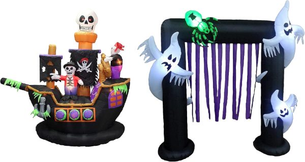 Two Halloween Party Decorations Bundle, Includes 7 Foot Halloween Inflatable Skeletons Ghosts On Pirate , And 8 Foot Tall Halloween Inflatable Ghosts Spider Archway Arch Blowup With Lights