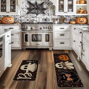 Artoid Mode Bats Black Cats Boo Pumpkin Halloween Kitchen Mats Set Of 2, Home Decor Low-Profile Kitchen Rugs For Floor - 17X29 And 17X47 Inch