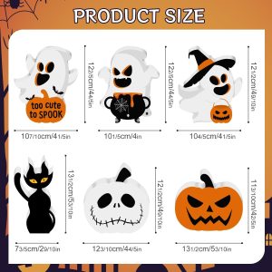 M Amfeov 6Pc Cute Ghost Halloween Decorations Indoor, Wooden Halloween Table Decorations Set Of 6, Black Cat Bat Signs Pumpkin Blocks For Party Home Shelf Display