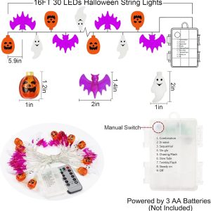 Halloween Lights, 16Ft 30 Led Waterproof 3D Pumpkin Bat Ghost Battery Operated String Lights With Timer - 8 Lighting Modes Fairy Light For Window Indoor Outdoor Decor Halloween Party Decorations