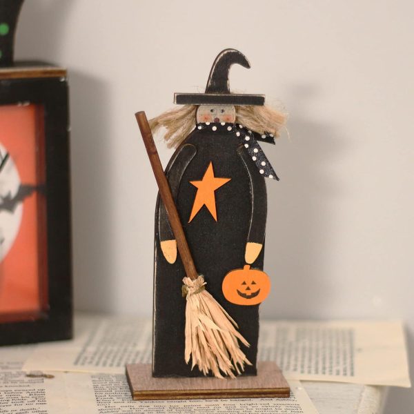 Sy Super Bang 5Pcs Halloween Wooden Decorations, Halloween Tabletop Centerpiece Craft Decor Including Witch/Ghost/Shoes Decor For Home, Indoor, Holiday, Party Supplies, Kid'S Gift.