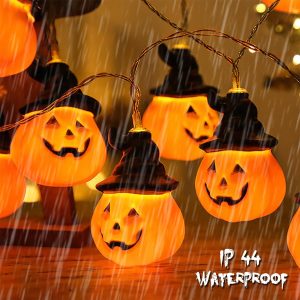 Halloween Pumpkin String Lights With Witch Hat, 20 Led 16.4Ft 8 Modes Timer 3D Waterproof Orange Jack-O-Lantern Battery Operated Flickering Lights For Indoor Outdoor Decor Party Decorations