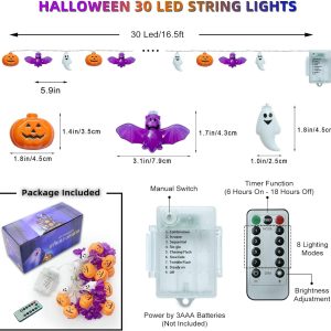 Uzkew Halloween String Lights, 16.4Ft 30 Led Pumpkin Bat Ghost Battery Operated Orange And Purple Lights Strobe 8 Lighting Modes Timer Fairy Indoor Outdoor Window Front Porch Decor Party Decorations