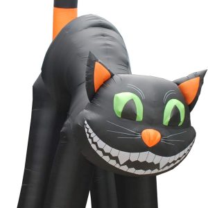 Two Halloween Party Decorations Bundle, Includes 20 Foot Tall Animated Halloween Inflatable Black Cat, And 9 Foot Tall Inflatable Castle Archway With Pumpkins Spider Ghosts Cauldron Blowup With Lights