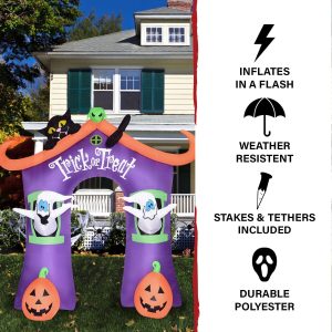 Haunted Hill Farm 9-Ft. Pre-Lit Trick Or Treat Walkway Arch Inflatable Yard Decor With Black Cat, Jack-O-Lantern, And Ghost, Halloween Outdoor Blow-Up, Festive Outdoor Decorations For Patio And Yard