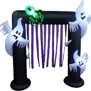 Two Halloween Party Decorations Bundle, Includes 7 Foot Halloween Inflatable Skeletons Ghosts On Pirate , And 8 Foot Tall Halloween Inflatable Ghosts Spider Archway Arch Blowup With Lights