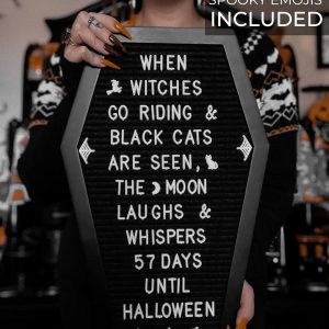 Coffin Letter Board Black With Spooky And All Seasons Emojis +500 Characters, And Wooden Stand - 17X10.5 Inches - Halloween Decorations Gothic Decor Spooky Gifts