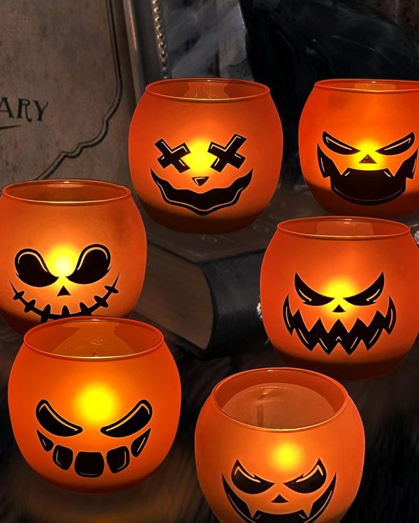 Halloween Centerpiece For Table 6 Pcs, Orange Pumpink Grimace Glass Votive Candle Holders, Tealight Holders For Indoor Outdoor Halloween Decor