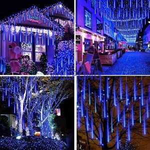 Weepong Meteor Shower Lights Outdoor Christmas Lights Ul Certified Falling Rain Drop Lights Snowfall Icicle Cascading String Lights For Xmas Holiday Tree Garden Decor Blue, 12Inch 8Tubes