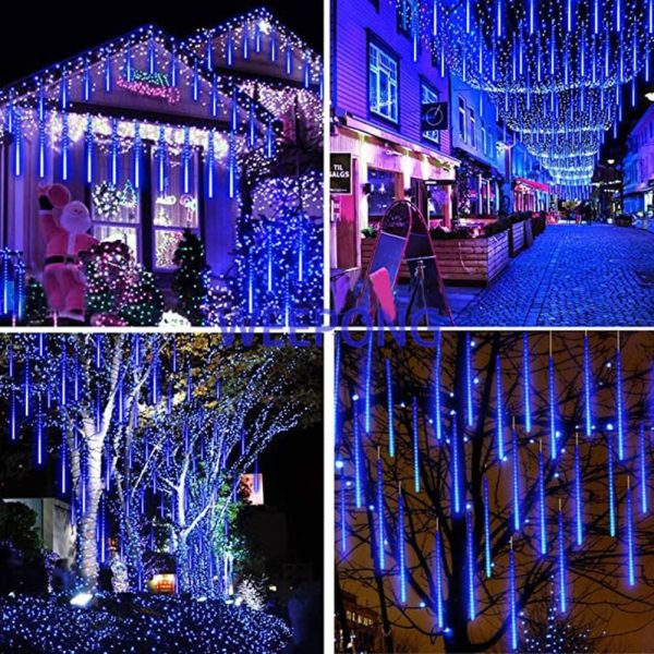 Weepong Meteor Shower Lights Outdoor Christmas Lights Ul Certified Falling Rain Drop Lights Snowfall Icicle Cascading String Lights For Xmas Holiday Tree Garden Decor Blue, 12Inch 8Tubes