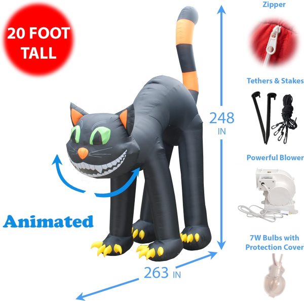 Two Halloween Party Decorations Bundle, Includes 20 Foot Tall Animated Halloween Inflatable Black Cat, And 9 Foot Tall Inflatable Castle Archway With Pumpkins Spider Ghosts Cauldron Blowup With Lights