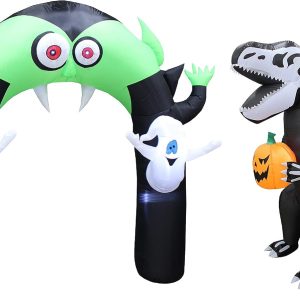 Two Halloween Party Decorations Bundle, Includes 8 Foot Tall Halloween Inflatable Vampire Monster Archway, And 6 Foot Tall Halloween Inflatable Skeleton Dinosaur Tyrannosaurus T-Rex With Pumpkin