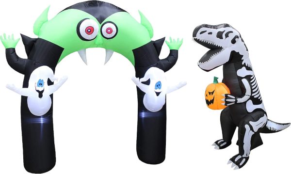 Two Halloween Party Decorations Bundle, Includes 8 Foot Tall Halloween Inflatable Vampire Monster Archway, And 6 Foot Tall Halloween Inflatable Skeleton Dinosaur Tyrannosaurus T-Rex With Pumpkin