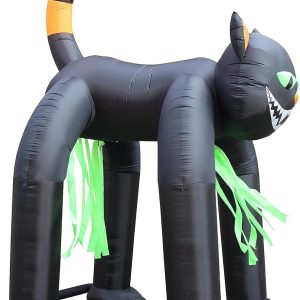 Two Halloween Party Decorations Bundle, Includes 13 Foot Tall Jumbo Huge Inflatable Black Cat Archway, And 12 Foot Long Inflatable Horse Carriage With Skeleton Ghost Skull Blowup With Lights