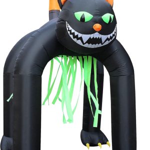 Two Halloween Party Decorations Bundle, Includes 13 Foot Tall Jumbo Huge Inflatable Black Cat Archway, And 12 Foot Long Inflatable Horse Carriage With Skeleton Ghost Skull Blowup With Lights