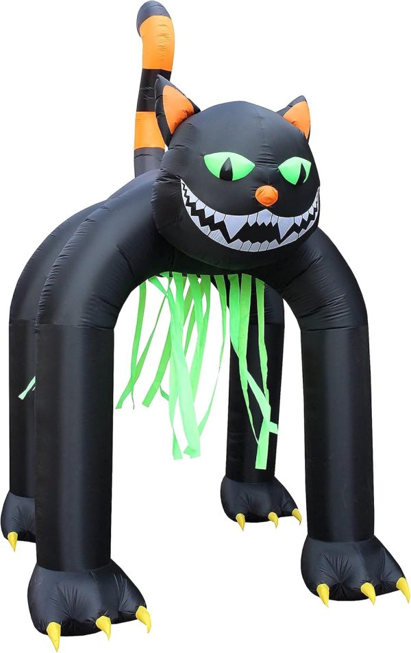 Two Halloween Party Decorations Bundle, Includes 13 Foot Tall Jumbo Huge Inflatable Black Cat Archway, And 12 Foot Long Inflatable Horse Carriage With Skeleton Ghost Skull Blowup With Lights