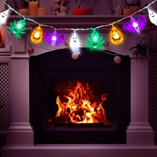 Kenburg Halloween String Lights Battery Operated 26 Feet 40 Led 3D Orange Pumpkins Purple Bats White Ghosts Green Spider Lights With Timer-8 Light Modes Halloween Decorations Lights Indoor Outdoor