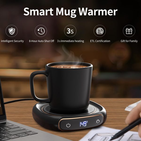 Lerat Coffee Mug Warmer & Mug Set For Desk, Electric Coffee Cup Warmer With Auto Shut , 3 Temperature Setting Smart Cup Warmer For Heating Coffee, Milk, Beverage, Candle Jar (Black), 8Oz