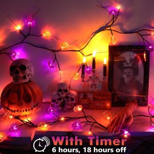 Toodour Halloween Decoration Indoor, 7Ft Orange & Purple Halloween Willow Vine Lights With Spider, Bat, Pumpkin, Waterproof Battery Operated Halloween Lights For Window Table Wall Decor